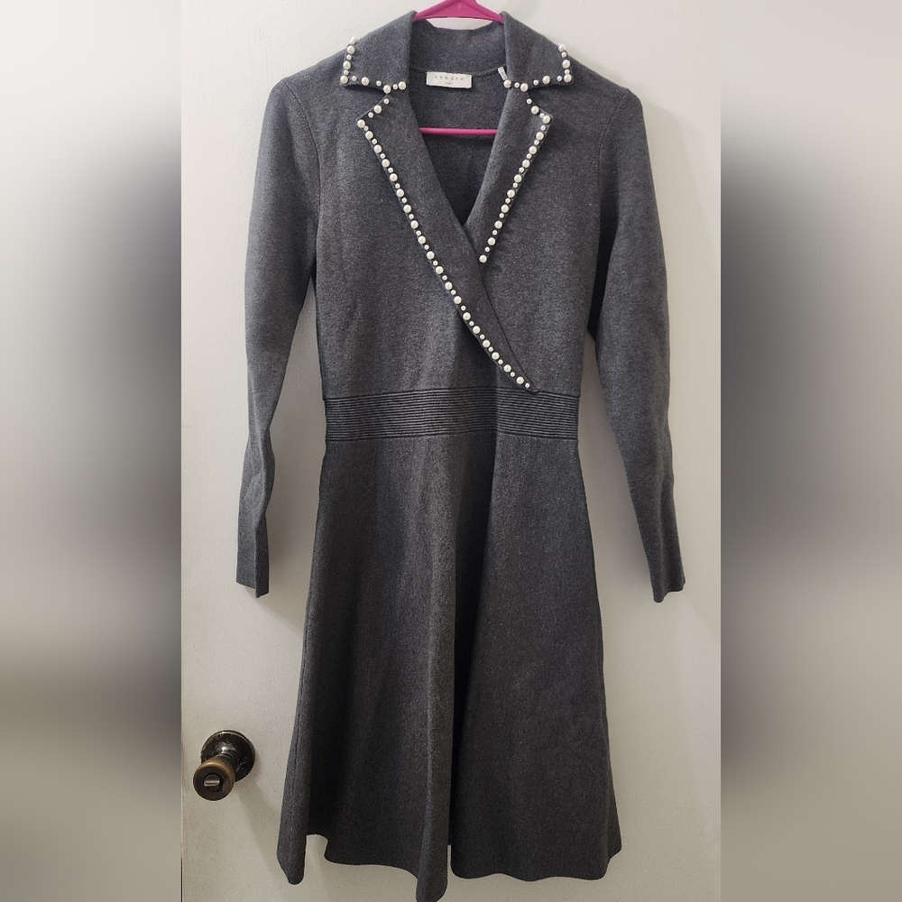 Sandro Paris Women's Elegant Gray Dress with Pearl Accents,‎ Size 38.
